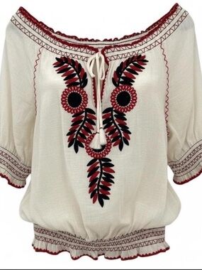 Tory Burch Mari Peasant blouse with red floral accents and tassels Boho Chic Fun